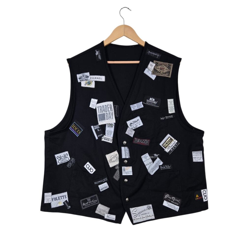 OOAK Black Vest Label Collage Womens XL* ArtWear Avant Garde Statement Eclectic